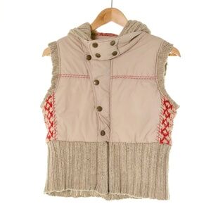 Free People Contrasting Fair Isle Knit Hooded Tan Red Puffer Vest Womens S Cozy
